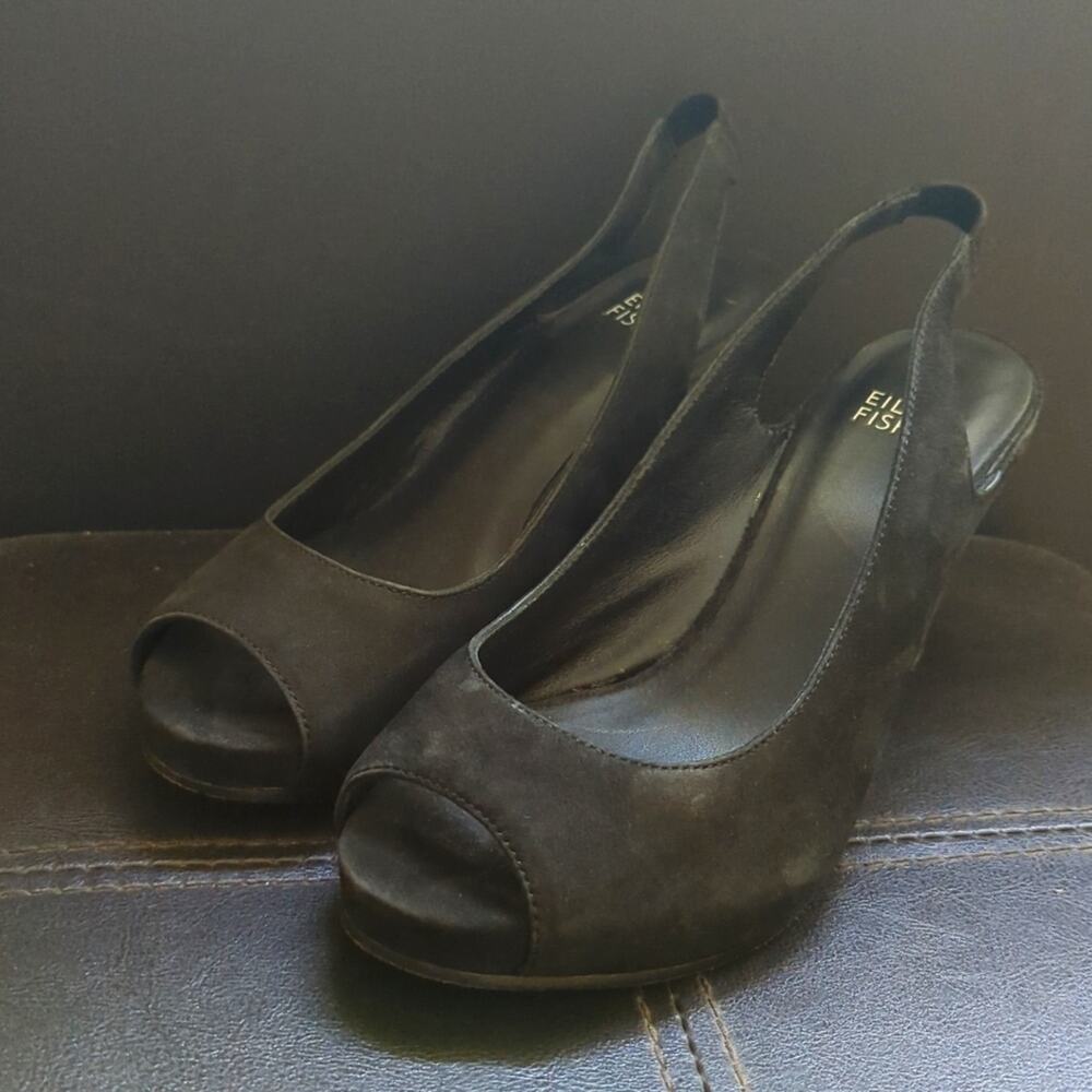 Eileen Fisher Black Suede Leather Slingback Wedge Summer Event Comfy Sandals